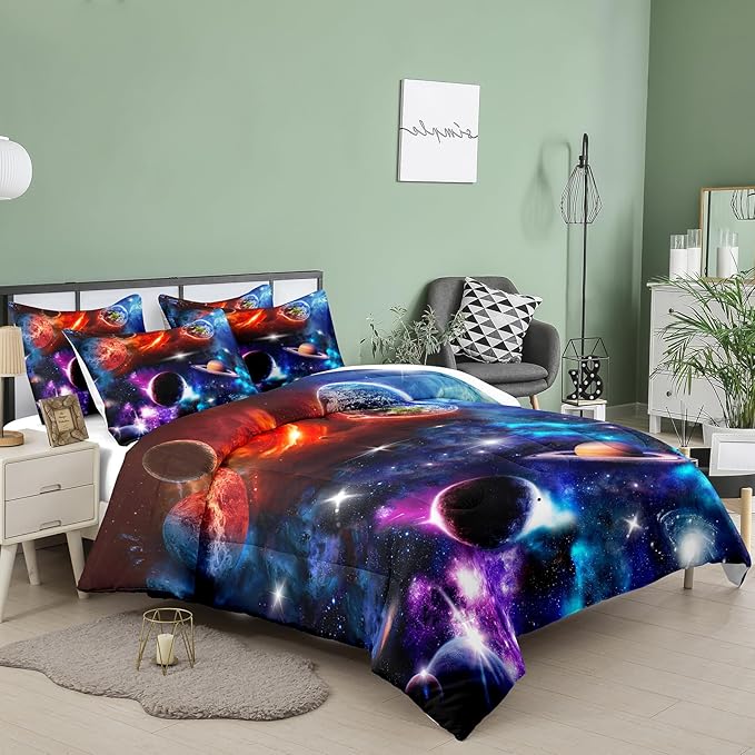 NINENINE Space Comforter Sets Galaxy Bedding Purple Comforter Twin Size Bedding Sets for Girls Earth Planets Stars Theme Solar Comforter System Bed Set with 1 Comforter 1 Pillowcase - LeafyLoom