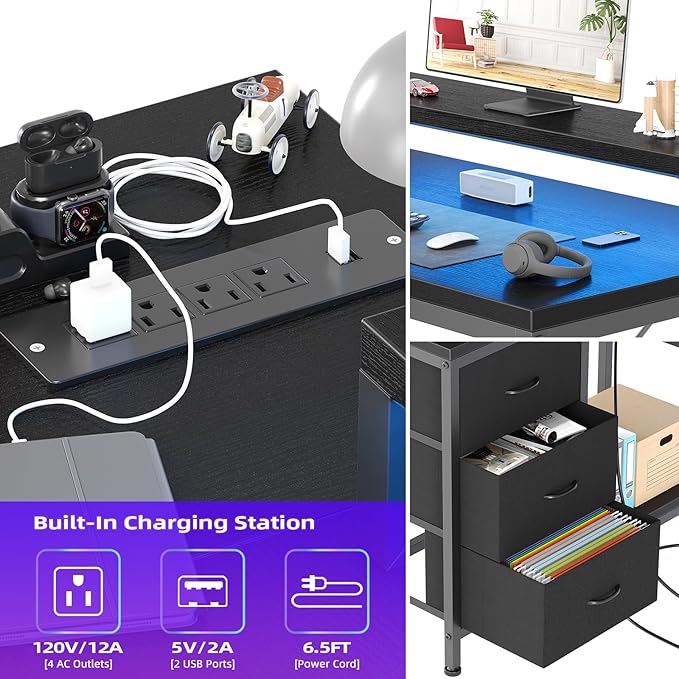 L Shaped Desk with Power Outlets & LED Lights, Computer Desk with Drawers & Shelves, Corner Desk Gaming Desk Home Office Desk, Black - LeafyLoom