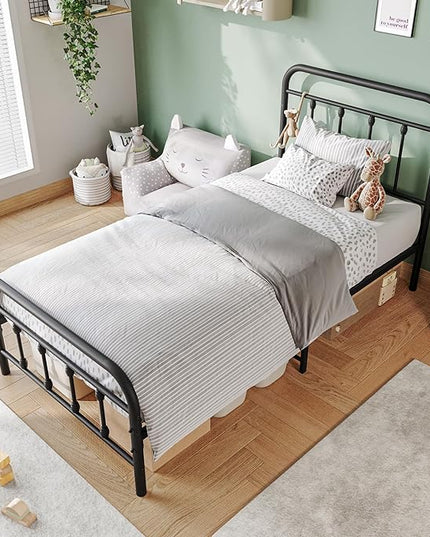 Vintage Twin Size Bed Frame with Headboard and Footboard Mattress Heavy Duty Metal Platform, Steel Slat Support (Twin, Black Sanded) - LeafyLoom