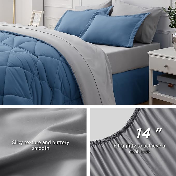 Bedsure Blue California King Comforter Set - 7 Pieces Reversible Bed Set Bed in a Bag California King with Comforters, Sheets, Pillowcases & Shams, California King Bedding Sets - LeafyLoom