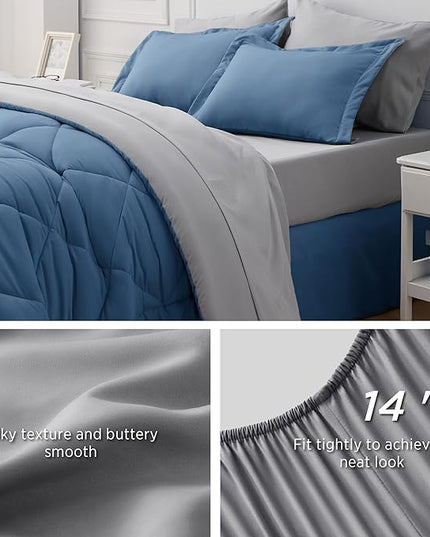 Bedsure Blue Bed Set King - 7 Pieces Reversible Blue Comforter Set King, Blue Bedding Set King with Comforters, Sheets, Pillowcases & Shams, King Size Blue Bed in a Bag - LeafyLoom