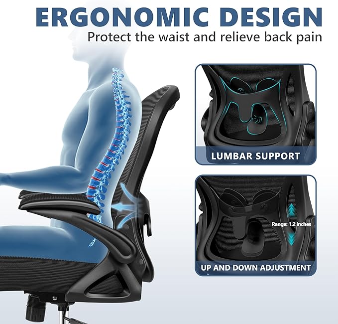 Office Chair Desk Chair, Ergonomic Mesh Computer Chair Home Office Desk Chairs, Swivel Task Chair Mid Back Breathable Rolling Chair with Adjustable Lumbar Support Flip Up Armrest (Black) - LeafyLoom