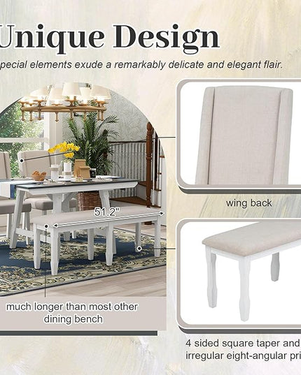 Farmhouse 6-Piece Dining Set, Included Solid Wood Rectangular Extendable Table with Two 12" W Removable Leaves and 4 Upholstered Chairs & a Bench, Home Kitchen Furniture, Gray+Beige+White - LeafyLoom