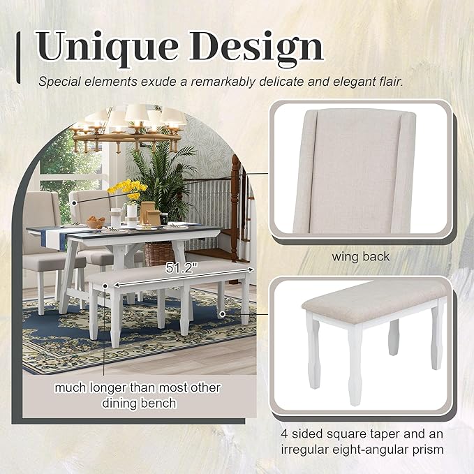 Farmhouse 6-Piece Dining Set, Included Solid Wood Rectangular Extendable Table with Two 12" W Removable Leaves and 4 Upholstered Chairs & a Bench, Home Kitchen Furniture, Gray+Beige+White - LeafyLoom