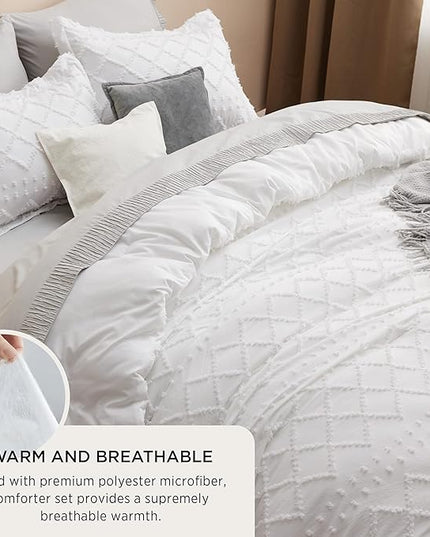 Bedsure California King Comforter Set - White Comforter, Boho Tufted Shabby Chic Bedding Comforter Set, 3 Pieces Farmhouse Bed Set for All Seasons, Fluffy Soft Bedding Set with 2 Pillow Shams - LeafyLoom