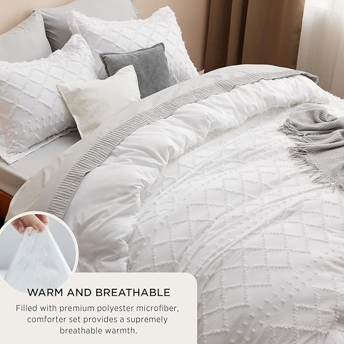 Bedsure California King Comforter Set - White Comforter, Boho Tufted Shabby Chic Bedding Comforter Set, 3 Pieces Farmhouse Bed Set for All Seasons, Fluffy Soft Bedding Set with 2 Pillow Shams - LeafyLoom