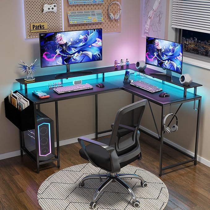 L Shaped Gaming Desk with Power Outlets & LED Lights, Computer Desk with Monitor Stand & Storage Shelf, Home Office Desk Corner Desk with Hooks, Easy to Assemble, Black - LeafyLoom