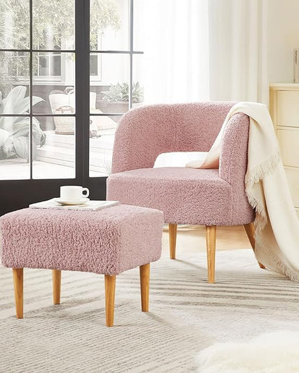 Accent Chair with Ottoman Teddy Fleece Upholstered Armchair Mid-Century Modern Comfortable Chairs and Ottoman Set with Wooden Legs for Living Room, Bedroom(Rose Pink) - LeafyLoom