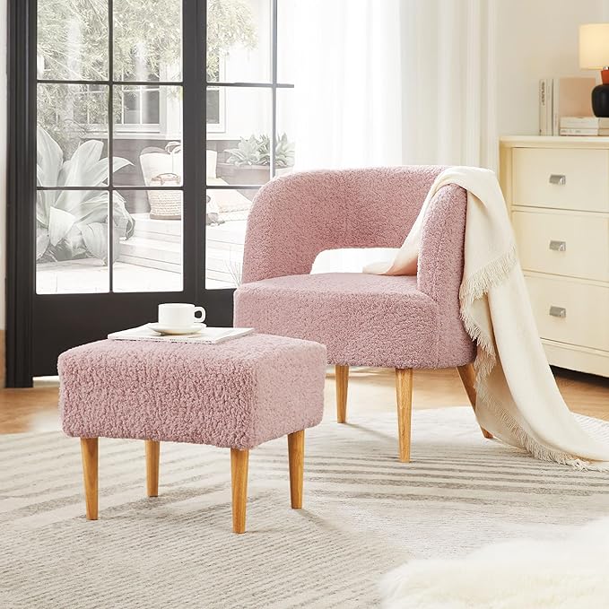 Accent Chair with Ottoman Teddy Fleece Upholstered Armchair Mid-Century Modern Comfortable Chairs and Ottoman Set with Wooden Legs for Living Room, Bedroom(Rose Pink) - LeafyLoom