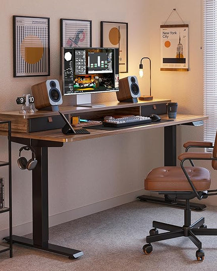 FEZIBO 55 x 24 Inch Height Adjustable Electric Standing Desk with Double Drawer, Stand Up Desk with Storage Shelf, Sit Stand Desk, Blcak Walnut - LeafyLoom
