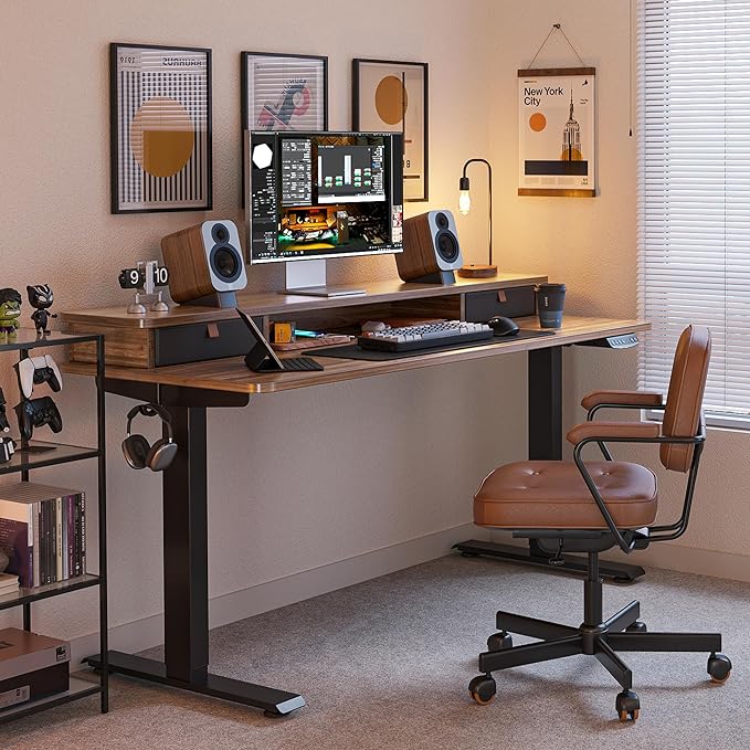FEZIBO 55 x 24 Inch Height Adjustable Electric Standing Desk with Double Drawer, Stand Up Desk with Storage Shelf, Sit Stand Desk, Blcak Walnut - LeafyLoom