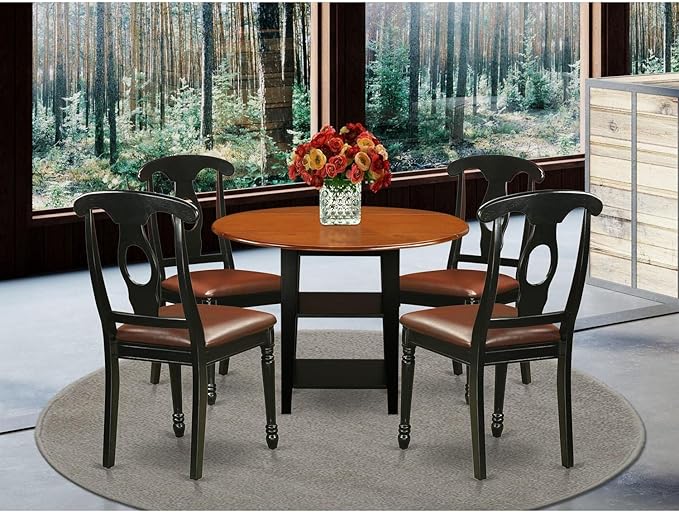 East West Furniture SUKE5-BCH-LC Sudbury 5 Piece Set for 4 Includes a Round Table with Dropleaf & Shelves and 4 Faux Leather Kitchen Dining Chairs, 42x42 Inch - LeafyLoom