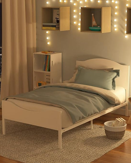 Timy Kids Twin Bed Frame with Wooden Headboard and Footboard, Metal Platform Bed Frame for Boys Girls Teens Adults, Modern Kids Bed Furniture, No Box Spring Needed, White - LeafyLoom