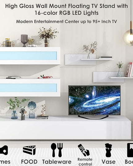 NicBex Wall Mount Floating TV Stand for 95+ Inch TV LED Entertainment Center Media Storage Console Table with 4 Media Storage Cabinets and 2 Shelves for Living Room,Bedroom, 95 Inch,White - LeafyLoom