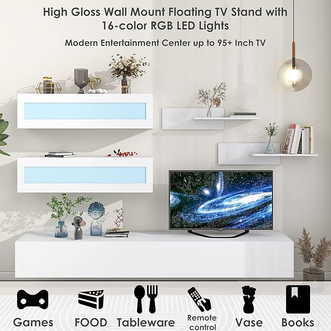 NicBex Wall Mount Floating TV Stand for 95+ Inch TV LED Entertainment Center Media Storage Console Table with 4 Media Storage Cabinets and 2 Shelves for Living Room,Bedroom, 95 Inch,White - LeafyLoom