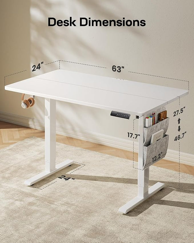 Marsail Standing Desk,Home Office Adjustable Heights Desk,Stand Up Desk,63x24 Inches Desktop Sit Stand Gaming Computer Desk for Study,Writing with 4 Memory Presets,Headphone Hook,Cable Organizer,White - LeafyLoom