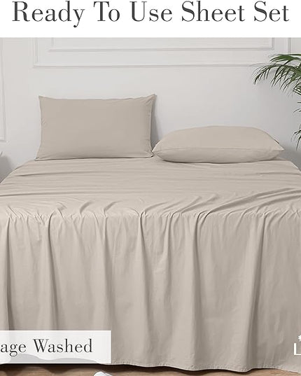 Linen Home Washed Cotton Percale Full Sheet Set, Silver, Deep Pocket, 4 Pieces Bed Sheets - 1 Flat Sheet, 1 Fitted Sheet & 2 Envelope Closure Pillowcases, Cool and Comfortable Bed Linen - LeafyLoom