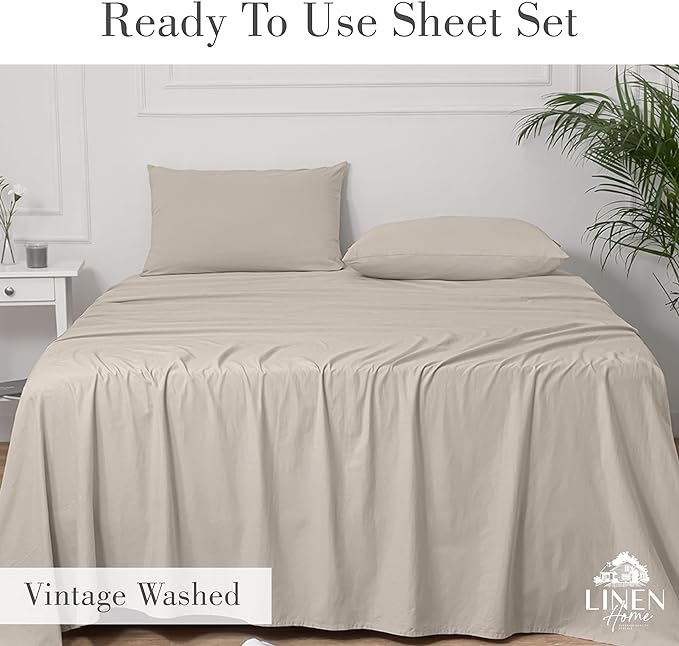 Linen Home Washed Cotton Percale Full Sheet Set, Silver, Deep Pocket, 4 Pieces Bed Sheets - 1 Flat Sheet, 1 Fitted Sheet & 2 Envelope Closure Pillowcases, Cool and Comfortable Bed Linen - LeafyLoom