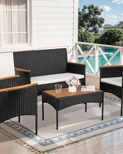 Shintenchi 4-Piece Patio Furniture Set, Outdoor Wicker Patio Conversation Furniture Set with Cushions and Wooden Tabletop for Paito Lawn Backyard, White Cushion - LeafyLoom