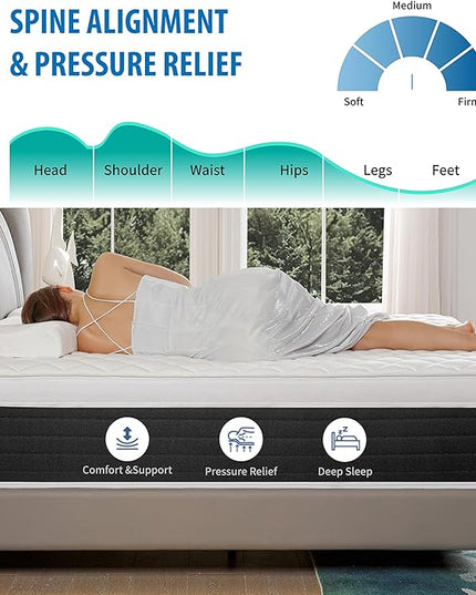 Full Mattresses,Hybrid 12 Inch Full Mattress in a Box,Memory Foam & Individually Pocket Spring for Pain Relief,Medium Firm Black Full Mattress,Pressure Relief,Certified. - LeafyLoom