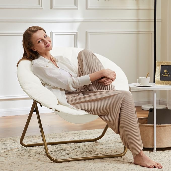 Sweetcrispy Comfy Saucer Chairs Faux Fur Lounge for Bedroom Living Room Flexible Folding Seating for Kids Teens Adults, Soft Padded and Metal Frame Modern for Home Office, X-Large White - LeafyLoom