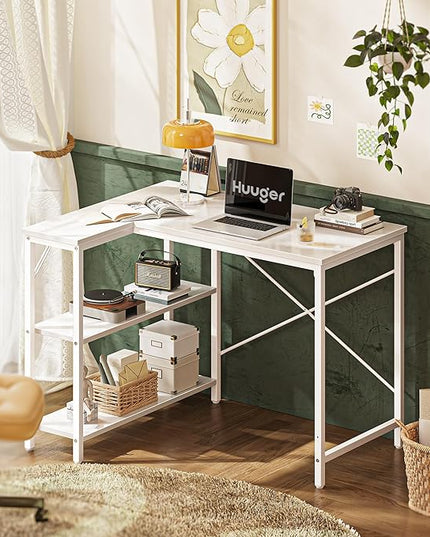 L Shaped Desk, 39 Inches Computer Desk with Reversible Storage Shelves, Gaming Desk, Corner Desk Home Office Desks, Writing Desk Study Desk with Metal Frame, White - LeafyLoom