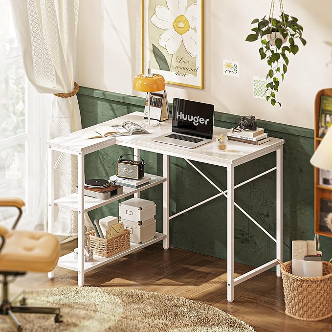 L Shaped Desk, 39 Inches Computer Desk with Reversible Storage Shelves, Gaming Desk, Corner Desk Home Office Desks, Writing Desk Study Desk with Metal Frame, White - LeafyLoom