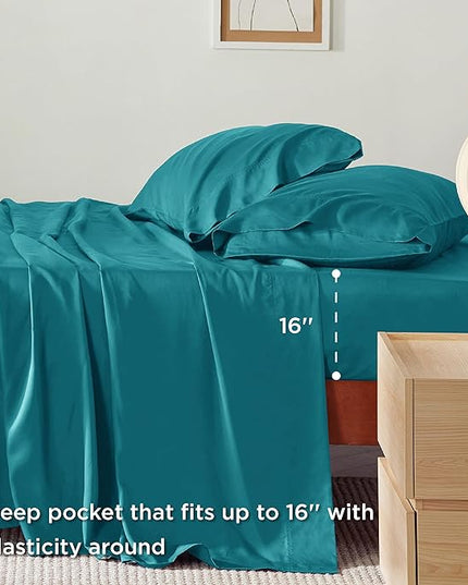 Bedsure Queen Sheets, Rayon Derived from Bamboo, Queen Cooling Sheet Set, Deep Pocket Up to 16", Breathable & Soft Bed Sheets, Hotel Luxury Silky Bedding Sheets & Pillowcases, Turquoise - LeafyLoom