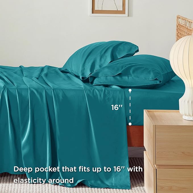 Bedsure Queen Sheets, Rayon Derived from Bamboo, Queen Cooling Sheet Set, Deep Pocket Up to 16", Breathable & Soft Bed Sheets, Hotel Luxury Silky Bedding Sheets & Pillowcases, Turquoise - LeafyLoom