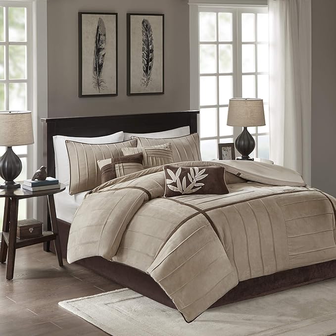 Madison Park Cozy Comforter Set Casual Blocks Design All Season, Matching Bed Skirt, Decorative Pillows, California King (104 in x 92 in), Dune Beige/Brown, 7 Piece - LeafyLoom