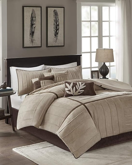 Madison Park Cozy Comforter Set Casual Blocks Design All Season, Matching Bed Skirt, Decorative Pillows, Full (82 in x 90 in), Dune Beige/Brown, 7 Piece - LeafyLoom