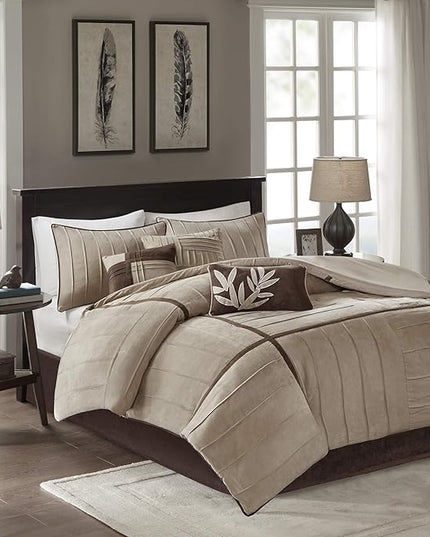 Madison Park Cozy Comforter Set Casual Blocks Design All Season, Matching Bed Skirt, Decorative Pillows, King (104 in x 92 in), Dune Beige/Brown, 7 Piece - LeafyLoom