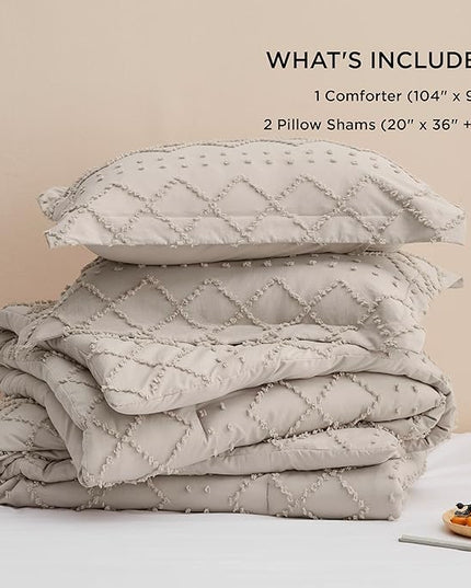 Bedsure King Size Comforter Set - Linen Comforter, Boho Tufted Shabby Chic Bedding Comforter Set, 3 Pieces Vintage Farmhouse Bed Set for All Seasons, Fluffy Soft Bedding Set with 2 Pillow Shams - LeafyLoom