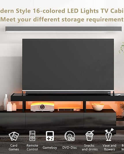 Merax Modern Style 16-Colored LED Lights TV Cabinet, UV High Gloss Surface Entertainment Center with DVD Shelf, Up to 70 inch Television, 73.2 inch Length, Black - LeafyLoom