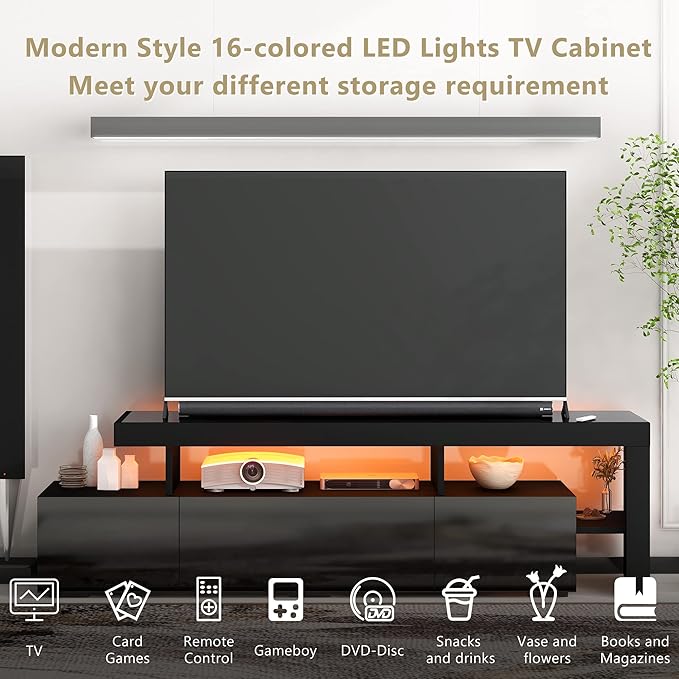 Merax Modern Style 16-Colored LED Lights TV Cabinet, UV High Gloss Surface Entertainment Center with DVD Shelf, Up to 70 inch Television, 73.2 inch Length, Black - LeafyLoom