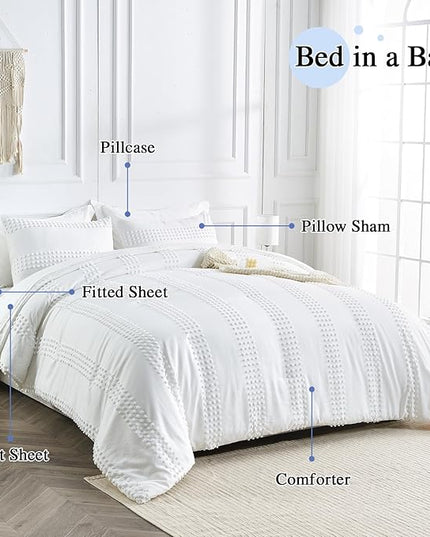 ENJOHOS Queen Comforter Set 7 Piece - White Comforters Queen Size, Queen Bed in a Bag Set, Boho Tufted Bedding Comforter Set with Pom Pom Design, Lightweight Soft Microfiber Comforter Bed Set - LeafyLoom