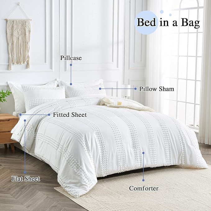 ENJOHOS Queen Comforter Set 7 Piece - White Comforters Queen Size, Queen Bed in a Bag Set, Boho Tufted Bedding Comforter Set with Pom Pom Design, Lightweight Soft Microfiber Comforter Bed Set - LeafyLoom