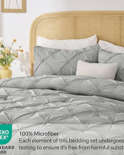 BEDELITE Grey King Size Comforter Set - 3 Pieces Boho Pintuck Bedding Comforter Sets, Lightweight Soft & Warm King Bedding Set with 2 Pillowcases for All Season - LeafyLoom