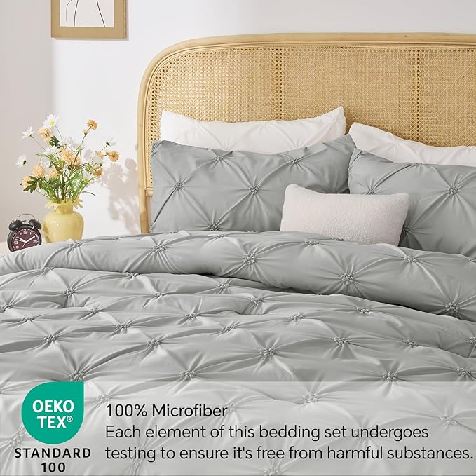 BEDELITE Grey King Size Comforter Set - 3 Pieces Boho Pintuck Bedding Comforter Sets, Lightweight Soft & Warm King Bedding Set with 2 Pillowcases for All Season - LeafyLoom