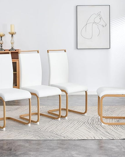 Dining Chairs Set of 4,High Back White Kitchen Chairs,Faux Leather Side Chair with Woodgrain Coloured Metal Legs,Easy to Clean Modern Upholstered Dining Chairs,Ideal for Living Room - LeafyLoom