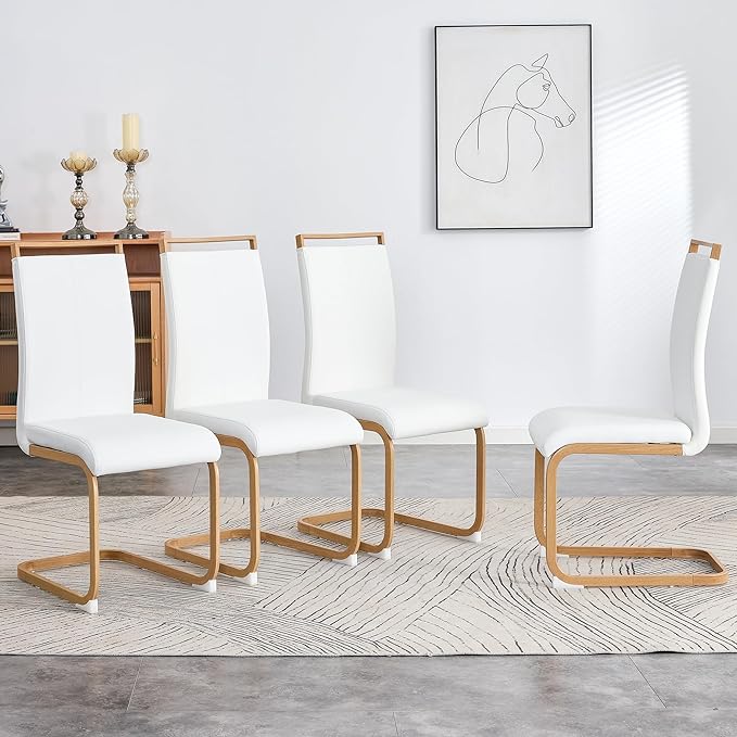 Dining Chairs Set of 4,High Back White Kitchen Chairs,Faux Leather Side Chair with Woodgrain Coloured Metal Legs,Easy to Clean Modern Upholstered Dining Chairs,Ideal for Living Room - LeafyLoom