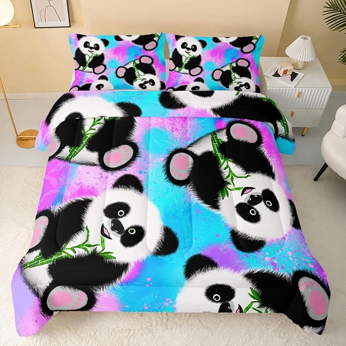 Panda Comforter Full Size,Neon Panda Comforter Set for Kids Teens Girls Boys,3Pcs Bedding Set Printed Comforter with 2 Pillowcases,Down Alternative,Soft and Lightweight，Full Size - LeafyLoom