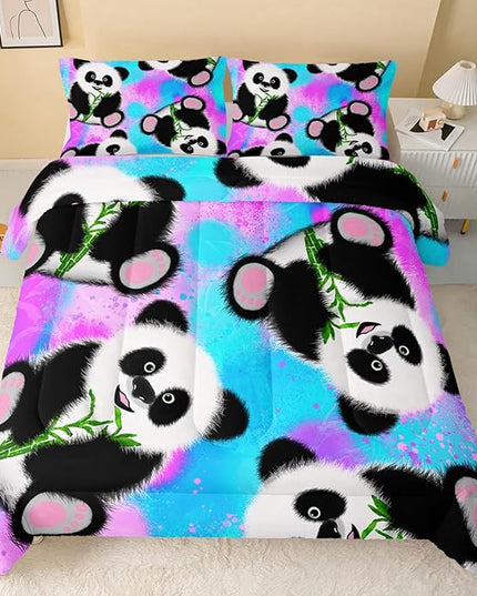 Panda Comforter Queen Size,Neon Panda Comforter Set for Kids Teens Girls Boys,3Pcs Bedding Set Printed Comforter with 2 Pillowcases,Down Alternative,Soft and Lightweight，Queen Size - LeafyLoom
