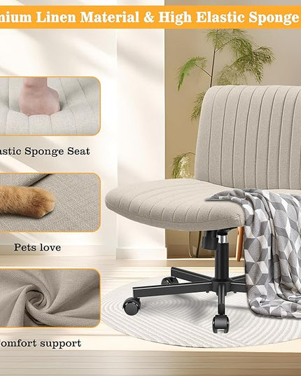Armless Office Chair with Wheels, Ergonomic Wide Seat Fabric Cross Legged Desk Chair, Swivel Computer Chair for Home Office, Modern Vanity Chair Beige - LeafyLoom