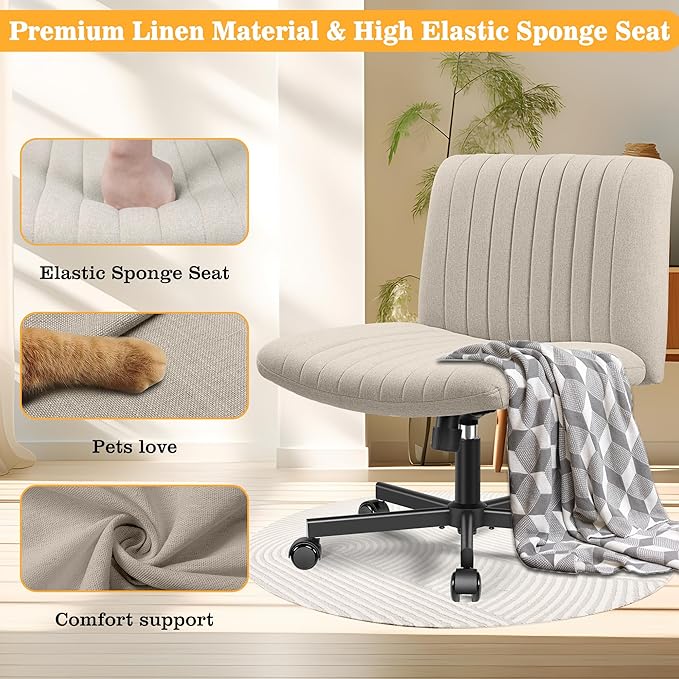Armless Office Chair with Wheels, Ergonomic Wide Seat Fabric Cross Legged Desk Chair, Swivel Computer Chair for Home Office, Modern Vanity Chair Beige - LeafyLoom