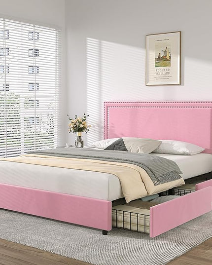 VECELO Queen Size Upholstered Platform Bed Frame with 4 Storage Drawers, Adjustable Velvet Rivets Headboard, Wooden Slats Support, No Box Spring Needed, Easy Assembly - LeafyLoom