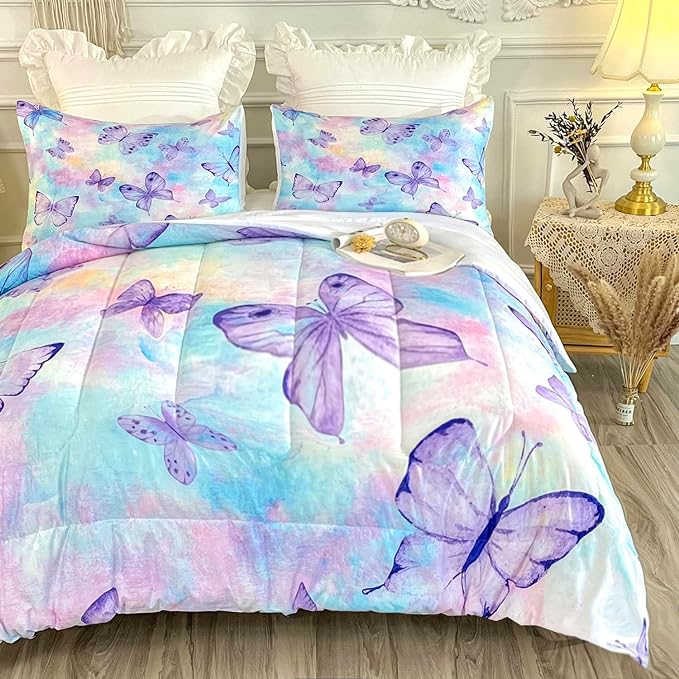 CVHOUSE Butterfly Twin Comforter Set for Girls Teens.Butterfly Twin Bedding Set,Butterflies Bedspread,Butterfly Duvet,Butterfly Bed Set,Butterflies Quilt Set 3 Pcs 1 Comforter and 2 Pillowcases - LeafyLoom