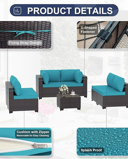 Outdoor Furniture Set 7PCS Patio Furniture for Backyard Wicker Sectional Sofa Set 6 Seats, PE Rattan Outdoor Conversation Set with Thickened Cushions and Glass Coffee Table, Blue - LeafyLoom