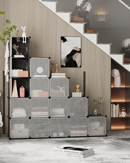 C&AHOME Cube Storage Organizer, 16-Cube Storage Shelving with Doors, Modular Book Shelf, Plastic Shelves Organizing Units, Ideal for Bedroom Living Room 48.4" L × 12.4" W × 48.4" H Black SHS3016B-DOOR - LeafyLoom