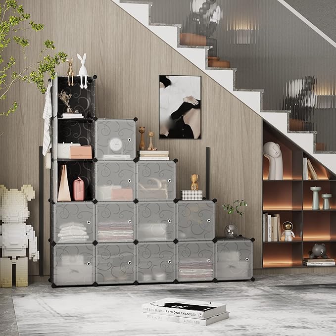 C&AHOME Cube Storage Organizer, 16-Cube Storage Shelving with Doors, Modular Book Shelf, Plastic Shelves Organizing Units, Ideal for Bedroom Living Room 48.4" L × 12.4" W × 48.4" H Black SHS3016B-DOOR - LeafyLoom